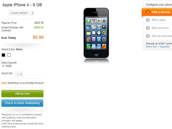 iPhone 4 на сайте оператора AT&T