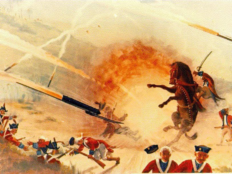 Первое применение майсурских ракет против британской армии в битве при Поллилуре 1780 года. По картине Чарльза Хаббела