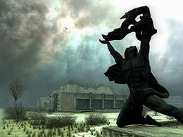 Скриншот из игры STALKER, вид на кинотеатр Прометей, город Припять.