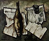 Оскар Рабин. Натюрморт с рыбой и газетой «Правда». 1968