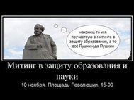 Юмор тоже стал оружием в борьбе за принятие поправок. "Наконец-то и я поучаствую в митинге в защиту образования, а то все Пушкин, да Пушкин...", - говорится на одном из плакатов.