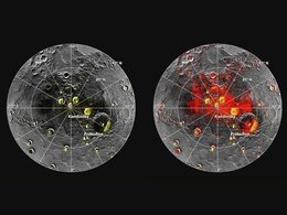 Снимки, полученные зондом Messenger, подтвердили наличие льда на Меркурии. Участки льда, обнаруженные ранее с Земли при помощи радаров, отмечены желтым, постоянно затененные области - красным