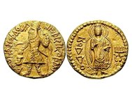 Монета Кушанского царства с изображениями царя Канишки и Будды