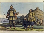 Чукотская семья перед своим домом. Август 1816, южнее Чукотского мыса, побережье Берингова моря. Рисунок Louis Choris