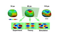 Трехмерная визуализация вибраций внутри наночастицы золота через 10, 60 и 110 пикосекунд после возбуждения лазером