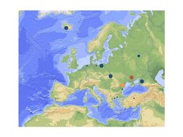 Гаплогруппа C в Европе. Красным отмечены неолитические образцы, оранжевым - бронзового века, синим - современные
