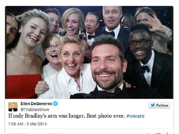 Селфи с «Оскара» стало самым популярным твитом за всю историю, 3 марта 2014  – аналитический портал ПОЛИТ.РУ