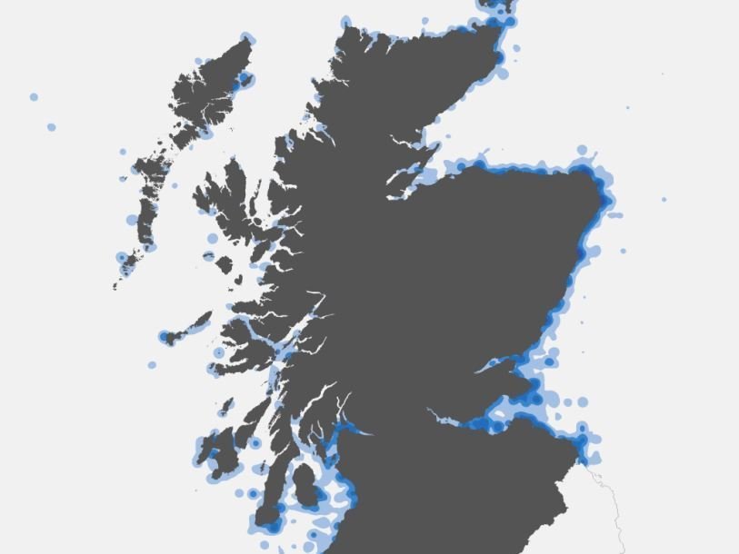 Фрагмент карты «плотности» всех корабельных и авиационных аварий у берегов Шотландии