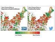 Смертность от атеросклероза сердца по данным статистики CDC (слева) и предсказанная с помощью анализа языка сообщений в Твиттере