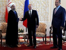 Хасан Рухани, Владимир Путин и Сергей Лавров (слева направо). Фото: Пресс-служба Президента РФ