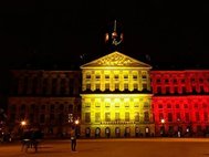 Здание парламента Бельгии подсвеченное цветами национального флага