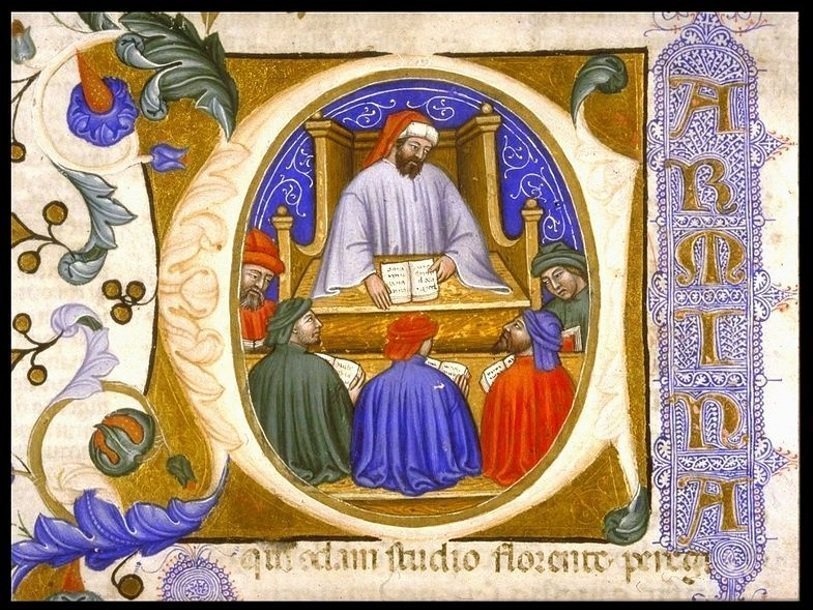 Боэций с учениками. Рисунок из итальянского манускрипта «Утешения философией» 1385 г.