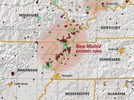Карта землетрясений в сейсмической зоне Нью-Мадрида. Зеленым обозначены землетрясения до 1974 г.