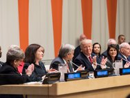 Генсек ООН Антонио Гутеррес, президент США Дональд Трамп, постпред США в ООН Никки Хейли