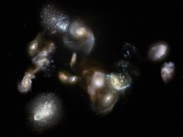 Группа взаимодействующих и сливающихся галактик ранней Вселенной в представлении художника