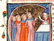 Прокаженные и епископ. Фрагмент инициала из английского манускрипта XIV века