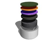 Схема изготовления мембраны (кольцо-«оправа», два серых цилиндра – пористая подложка на основе пены из никеля-алюминия, далее – наносимые слои: протонпроводящие (фиолетовый и оранжевый) и каталитический (зелёный))
