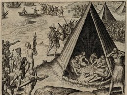 Высадка Фрэнсиса Дрейка в Новом Альбионе. Гравюра Теодора де Бри 1590 года