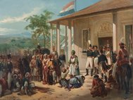 Захват принца Дипонегоро голландским генералом де Коком во время Яванской войны, восстания коренного населения Явы против колонизаторов. Николас Пинеман, 1835 г.