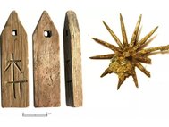 Некоторые из найденных в ходе раскопок вещей: деревянная бирка с владельческим знаком ганзейского купца и звездчатое колесико западноевропейской шпоры