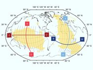 «Крупные области с низкой скоростью сдвига» (Large low-shear-velocity provinces, LLSVP) обозначены желтым