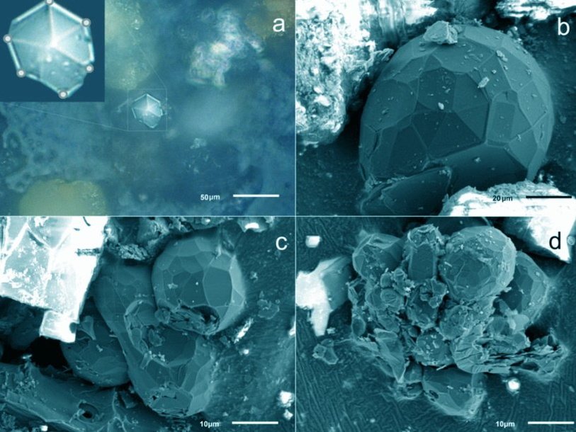 Кристаллы углерода в метеоритной пыли Челябинского метеорита. a — оптический снимок, b-d — полученные с помощью растрового электронного микроскопа