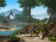 Обитатели «Острова карликовых динозавров». Transylvanosaurus platycephalus на переднем плане справа